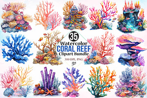 Watercolor Coral Reef Clipart Bundle, an Illustration by Canvas Craft