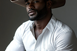 Black American cowboy in white shirt and large hat poses confidently for portra, a Person Photo by AlyaAnd