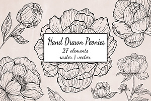 Black Outline Peony Flowers Set