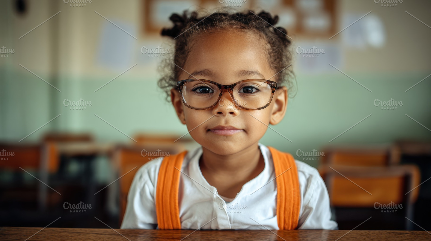 Young girl with glasses in classroom, a Photo by Beautiful things