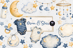 Moon & Stars Baby Clipart, a Decorative Illustration by BigCakeBee