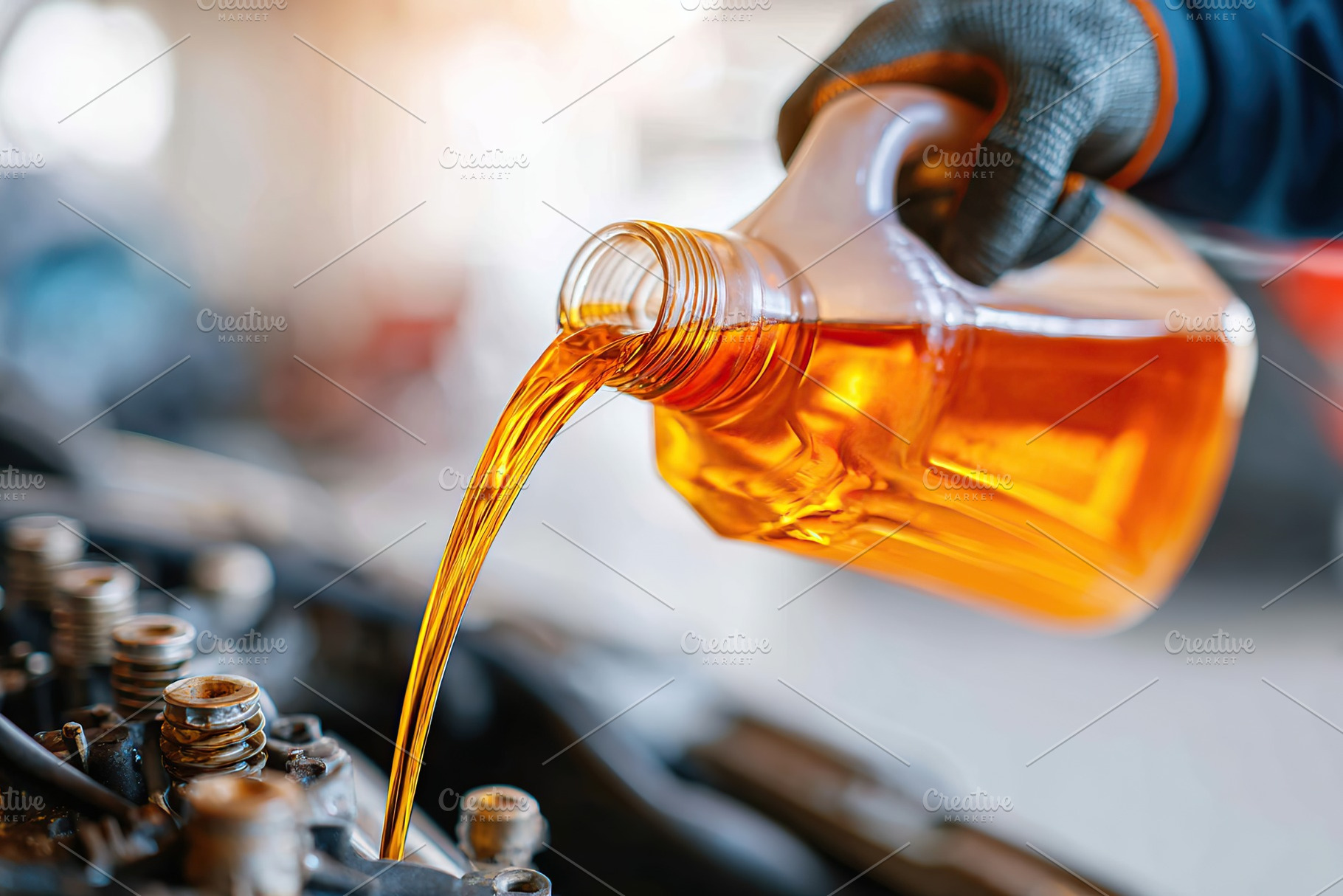 Pouring engine oil into a car engine during regular maintenance check, a Photo by AlyaAnd