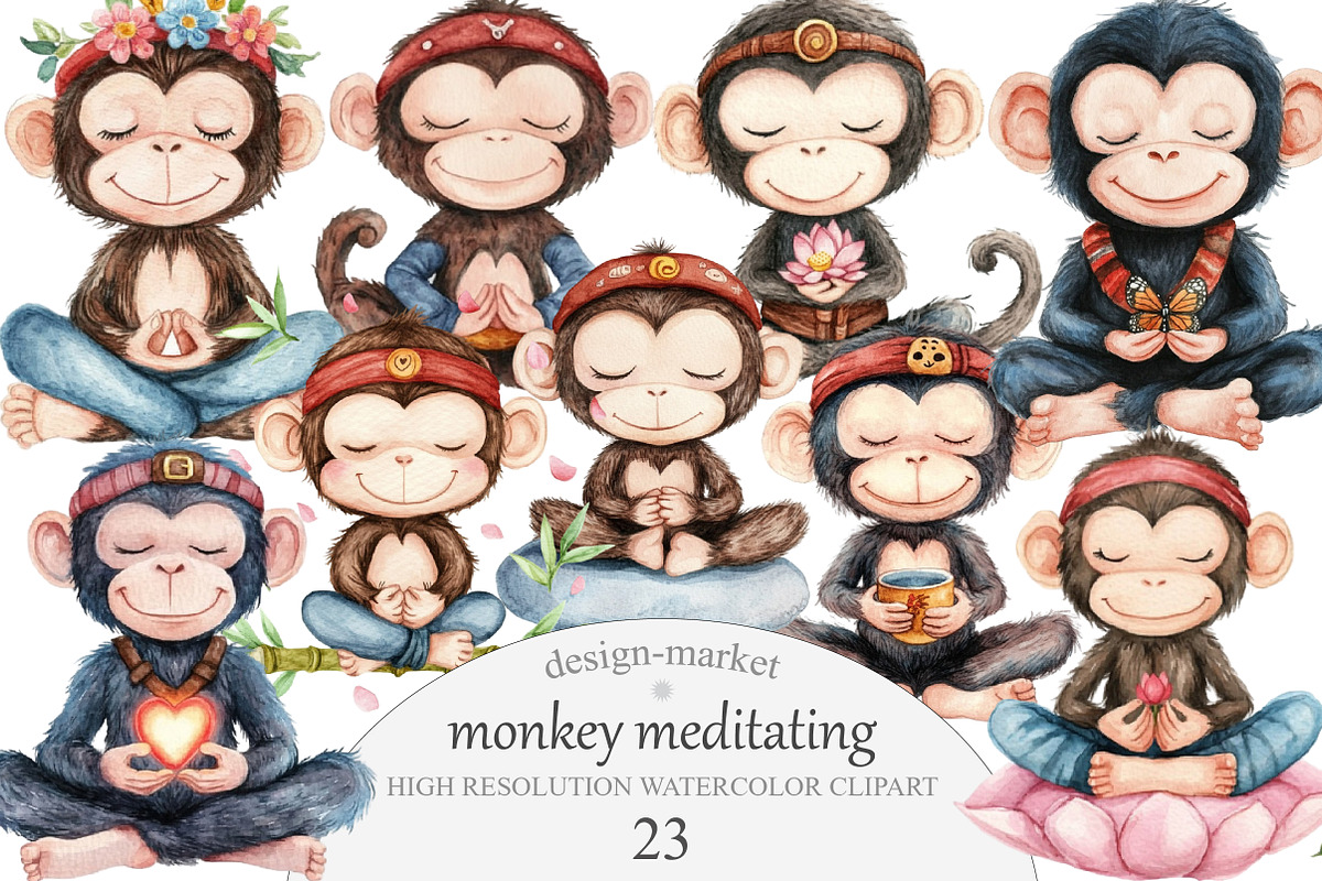 cute monkey meditating Clipart, an Illustration by Design Market (Photo 1 of 5)