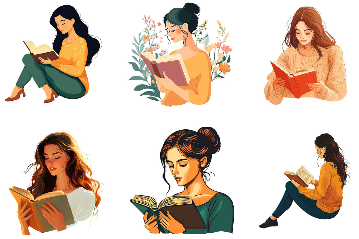 Beautiful Woman Reading Book Clipart, an Illustration by Designking (Photo 2 of 5)