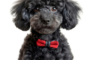Adorable black poodle with a stylish red bow tie, showcasing a charming express, an Animal Photo by ImageMir