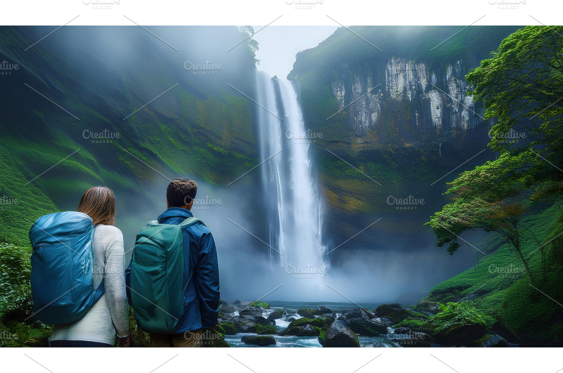 A misty waterfall surrounded by lush, a Nature Photo by Igor Tichonow