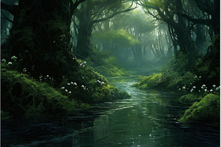 River aerial green hills. Generate, a Nature Photo by Ylivdesign