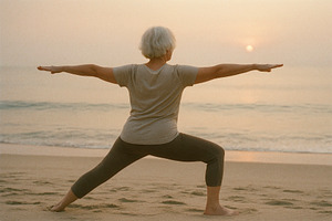 elderly woman doing yoga at sunrise, generative AI, a Photo by Nito