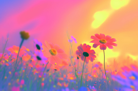 A vibrant field of flowers in various colors, illuminated by a soft, dreamy lig, an Arts & Entertainment Photo by Textures & Backgrounds