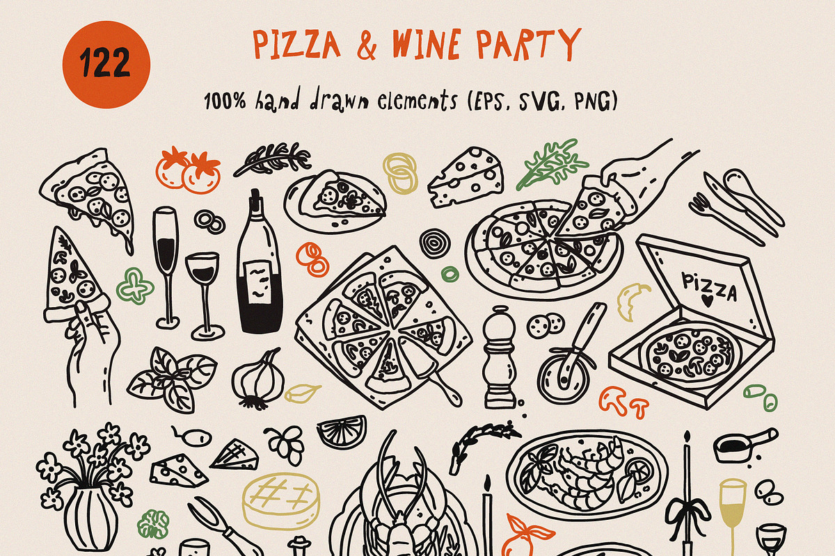 Whimsical Pizza & Wine Party set, a Food Illustration by Madiwaso (Photo 4 of 11)