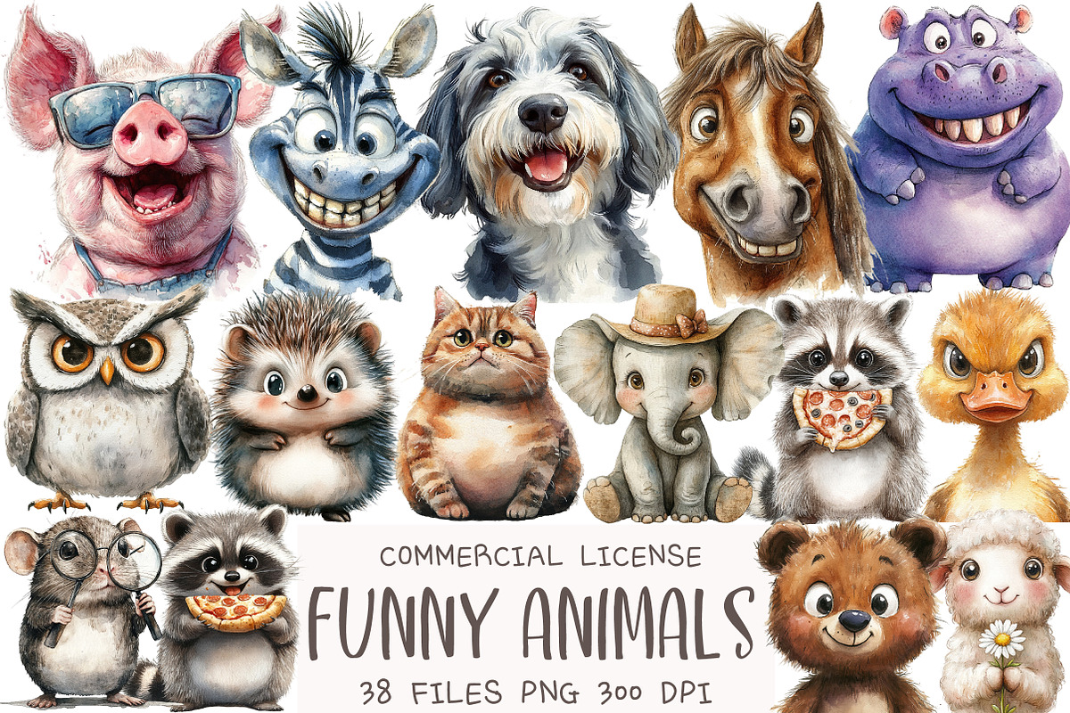 Watercolor Funny Animals Clipart, an Illustration by OK Design (Photo 1 of 5)
