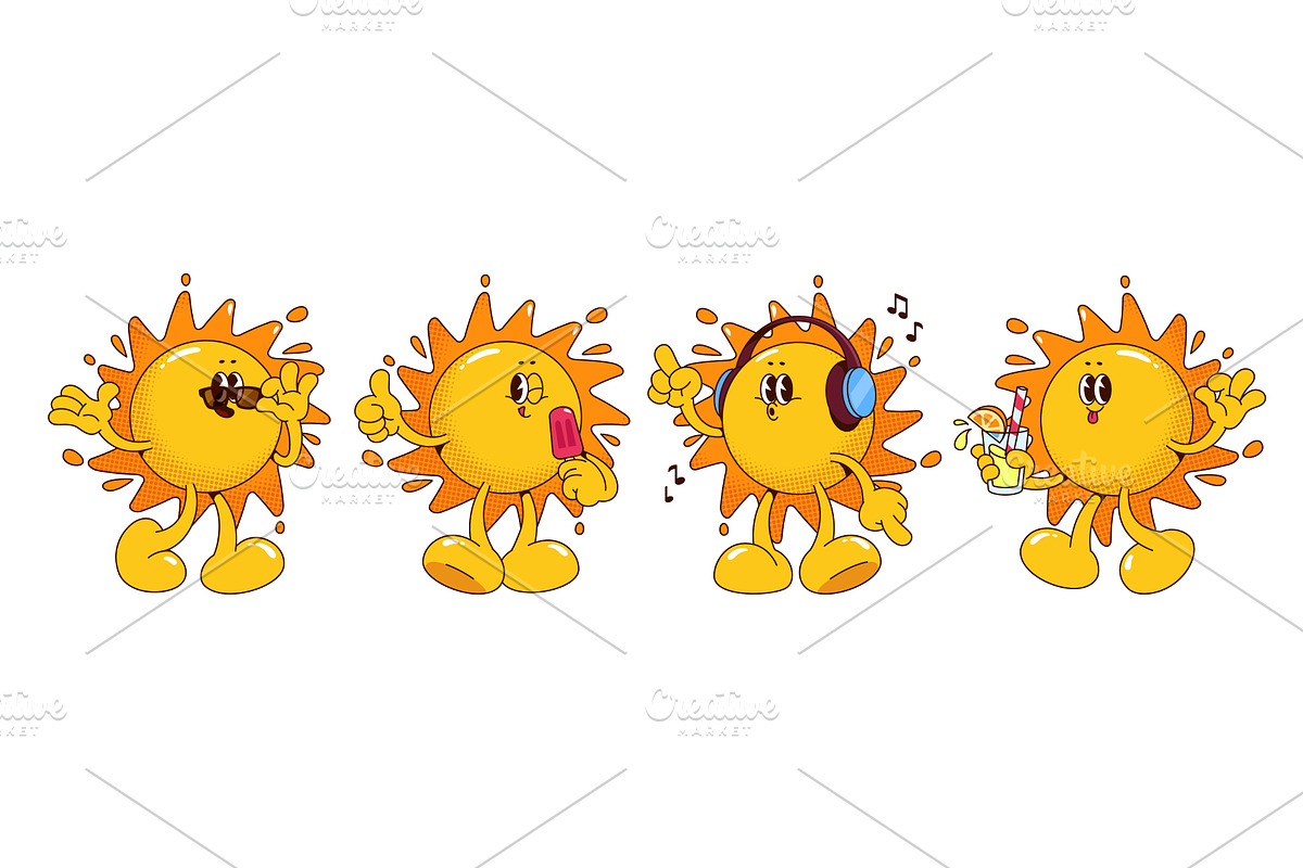 Retro sun mascots set isolated on, an Illustration by art PVP - market