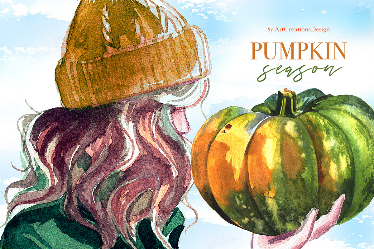 Watercolor Pumpkin Season Clipart, a Seasonal Illustration by ArtCreationsDesign (Photo 9 of 22)