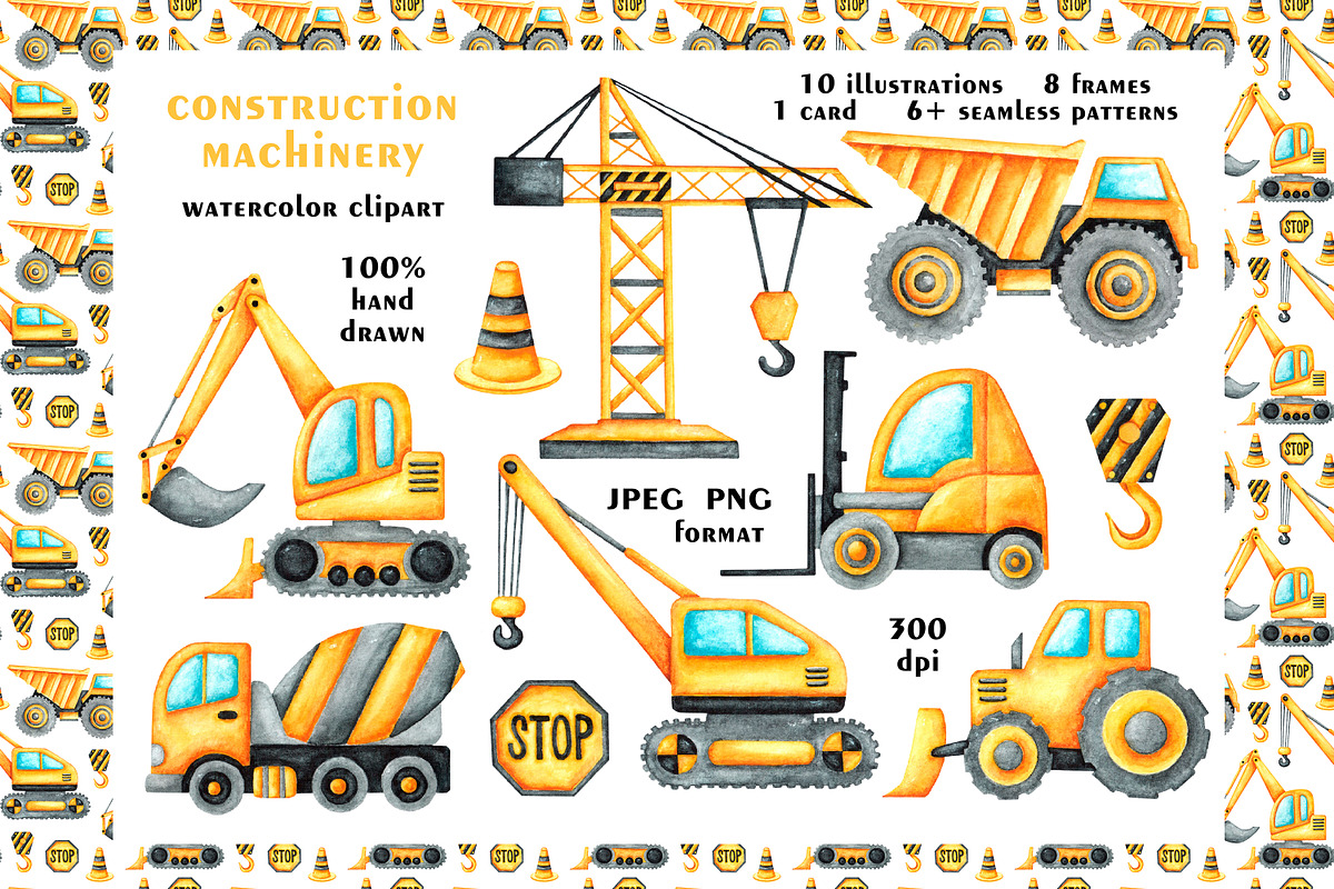 Construction vehicles watercolor set, a Transportation Illustration by SabinaWatercolorArt (Photo 1 of 20)