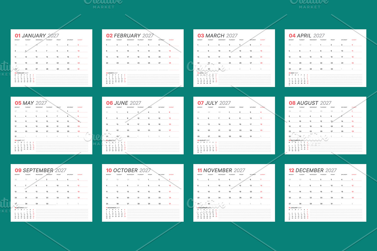 2027 Vector Calendar Template EPS, a Texture Illustration by mikhailmorosin (Photo 2 of 5)