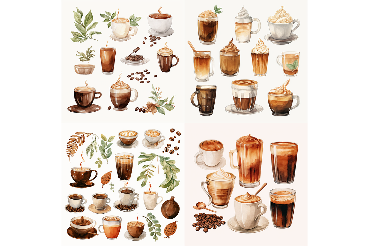 Prompt Watercolor Coffee Clipart, a Decorative Illustration by Creative design (Photo 6 of 7)