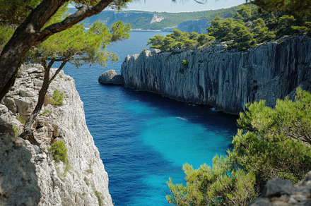 Towering cliffs frame vibrant turquo, a Photo by Tanuart