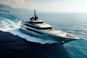 Luxury yacht gliding smoothly over the calm azure waters near co, a Transportation Photo by AlyaAnd