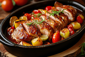 Juicy roasted meat with fresh vegetables served in a rustic dish, a Food & Drink Photo by AlyaAnd