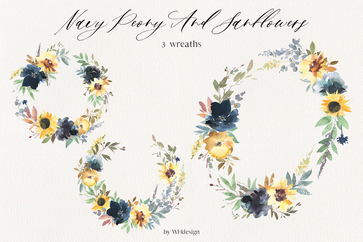Navy Peony & Sunflower Florals PNG, a Decorative Illustration by whiteheartdesign (Photo 3 of 7)