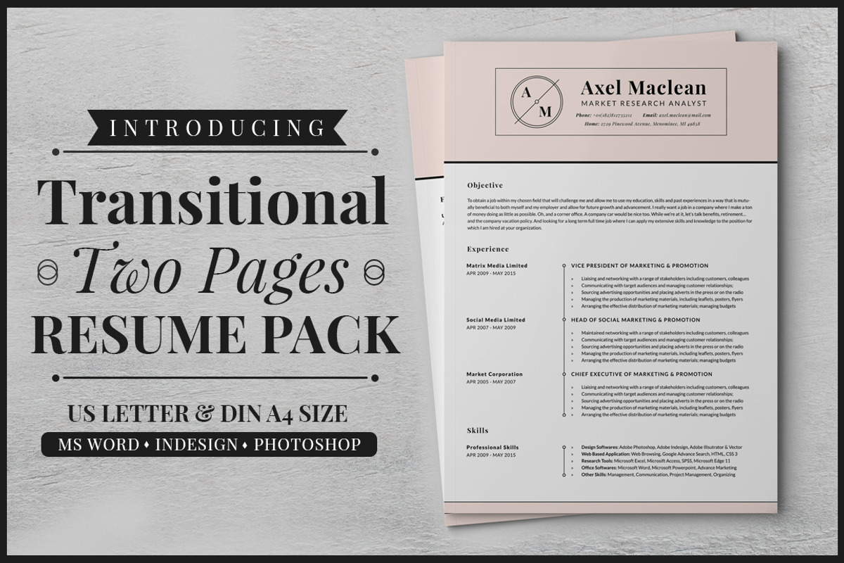 Transitional Two Pages Resume Pack, a Resume Template by SNIPESCIENTIST (Photo 1 of 4)