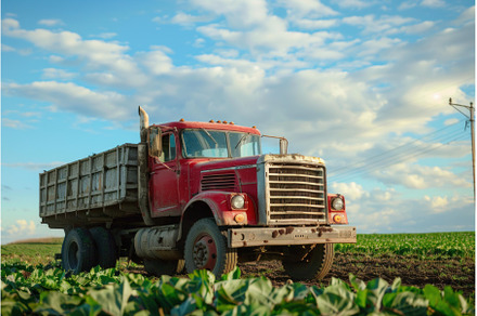 Red vintage farm truck parked in a, a Nature Photo by Ylivdesign