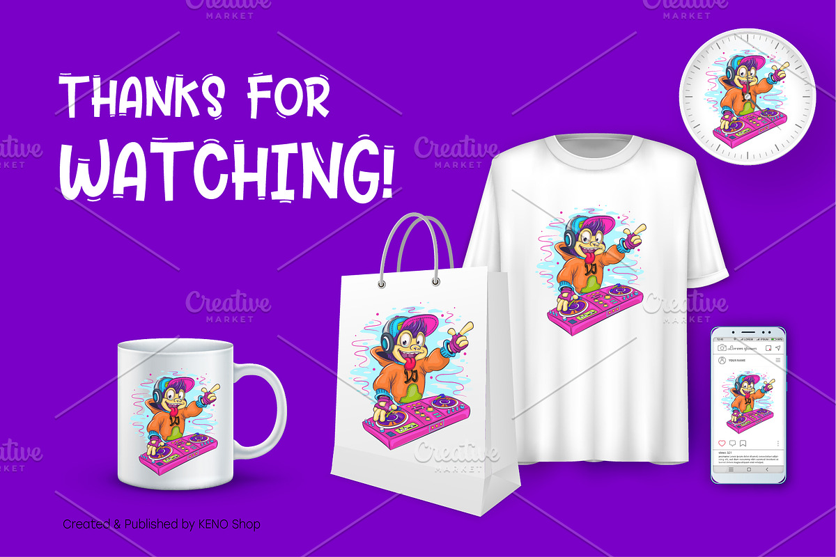 Cartoon monkey DJ. Tshirt, PNG., an Animal Illustration by KENO Mascots (Photo 7 of 7)