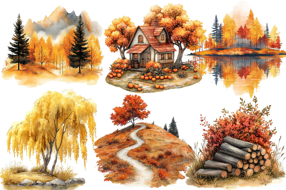 Watercolor Fall Scenery Clipart, a Seasonal Illustration by Designworld (Photo 5 of 6)