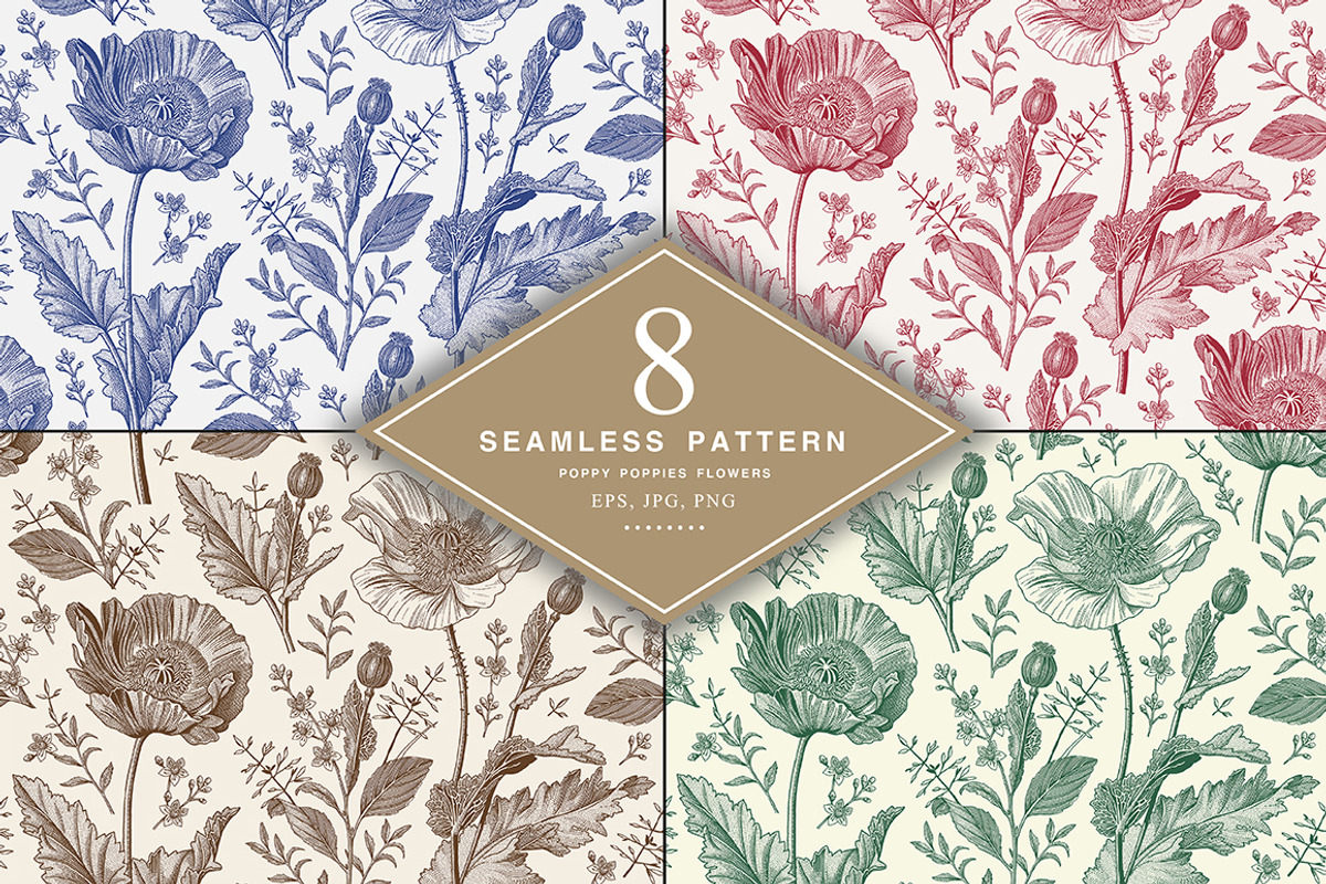 Seamless Set Flowers Poppy Poppies, a Pattern Graphic by Vintage (Photo 1 of 14)