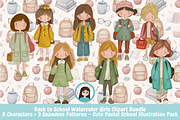 Back to School Watercolor Girls Clip, an Illustration by Cute Little Workshop (Thumbnail 1 of 5)
