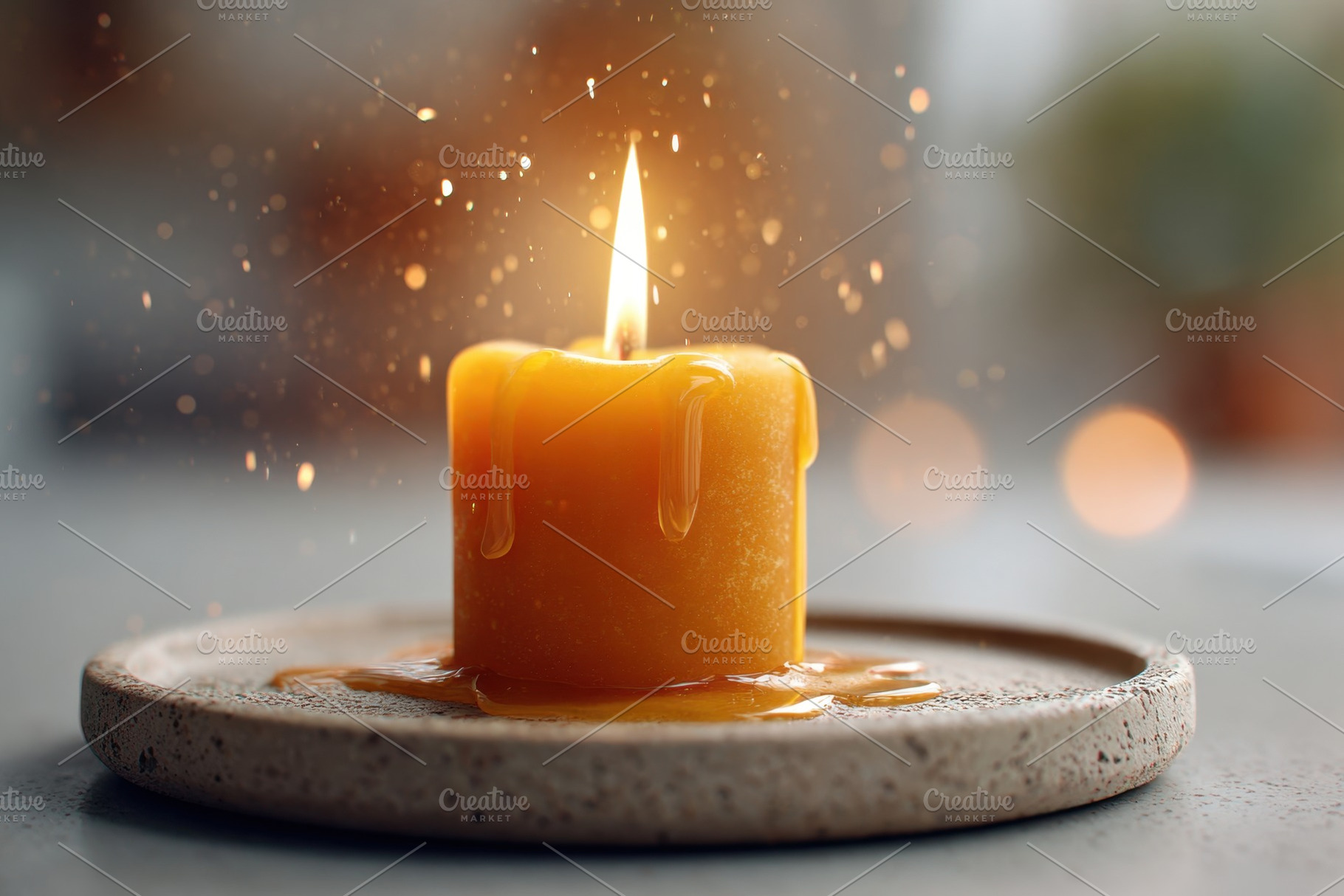 Lit candle on a plate creating a cozy atmosphere, an Abstract Photo by AlyaAnd