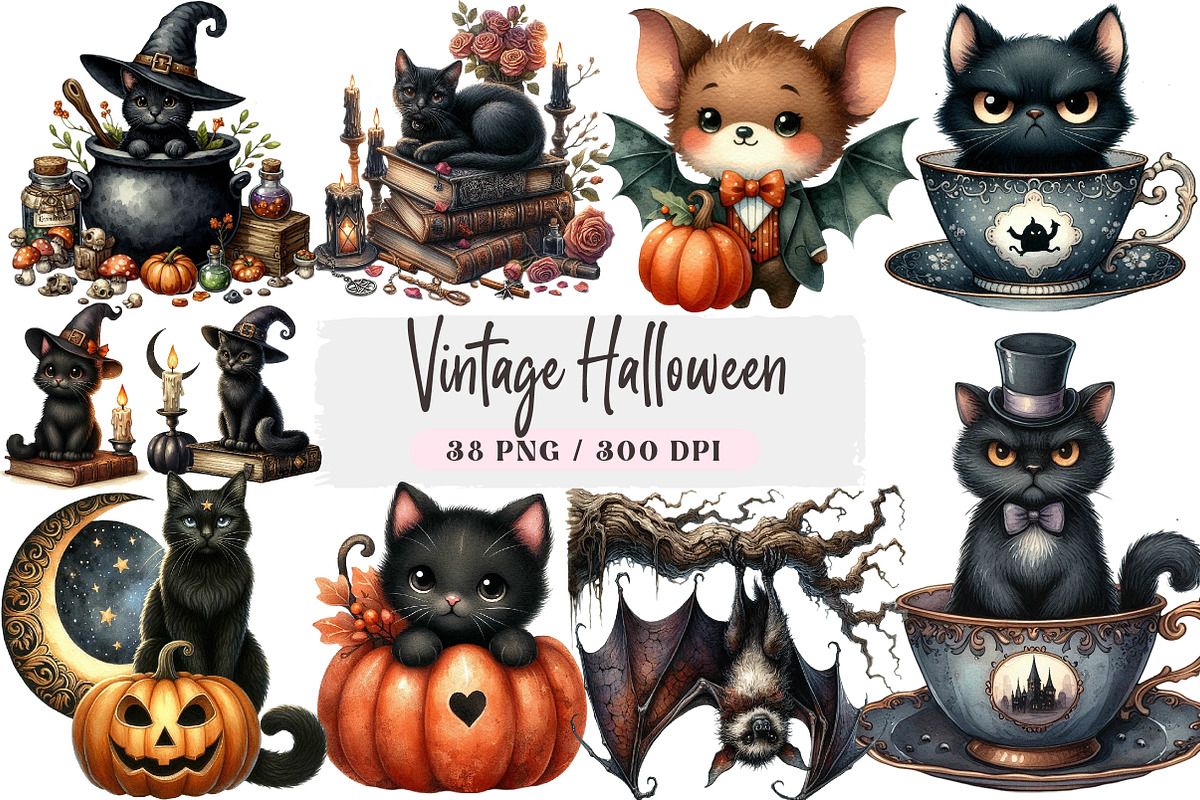 Vintage Halloween Cats and Bats, an Illustration by DreamArtGraphic (Photo 1 of 4)