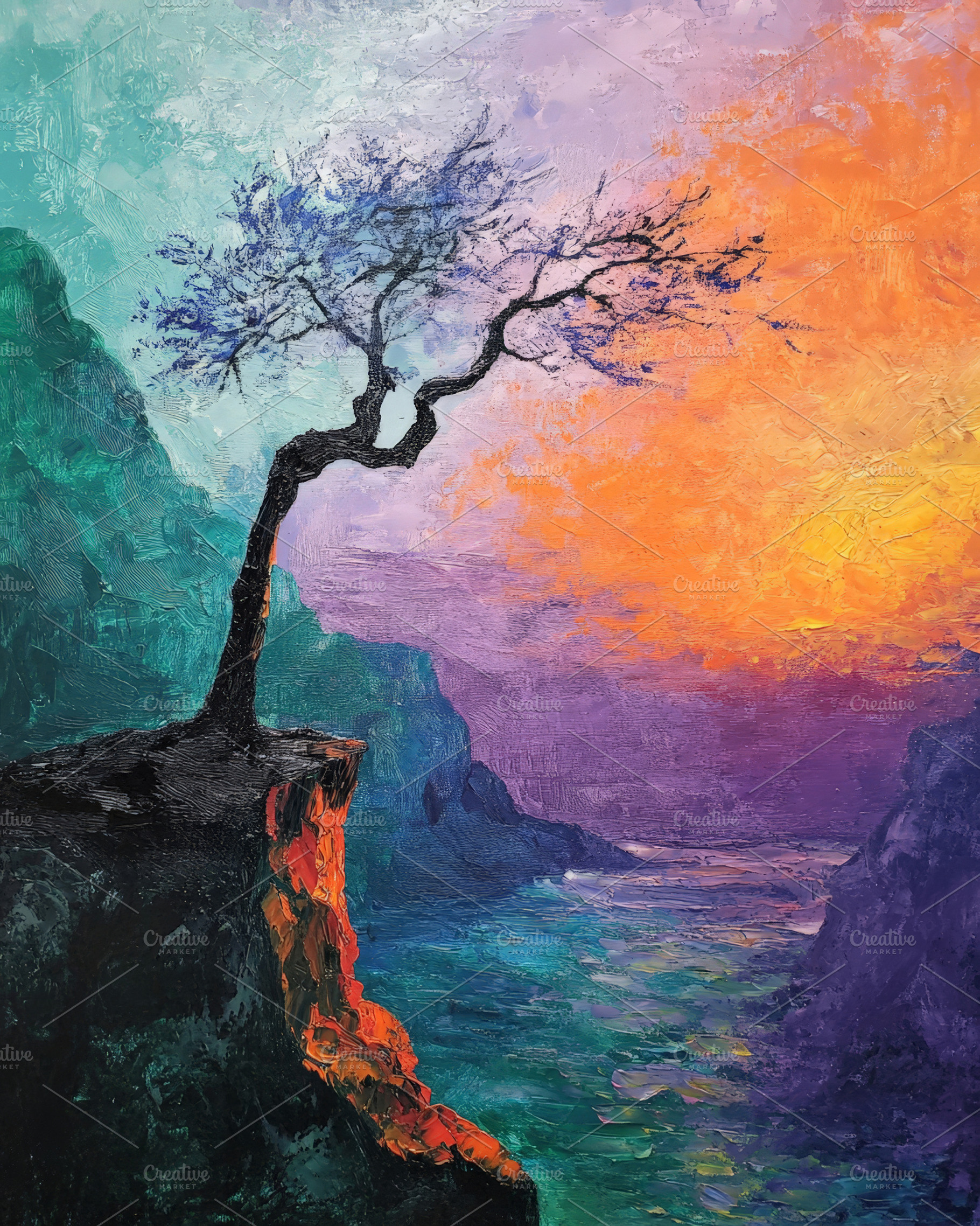Abstract Painting Sunset Cliff Tree, an Abstract Photo by Hamza067