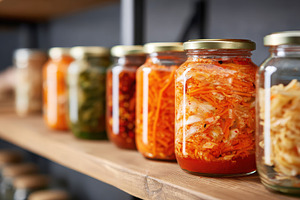 Colorful jars of fermented vegetables on a shelf, a Food & Drink Photo by AlyaAnd