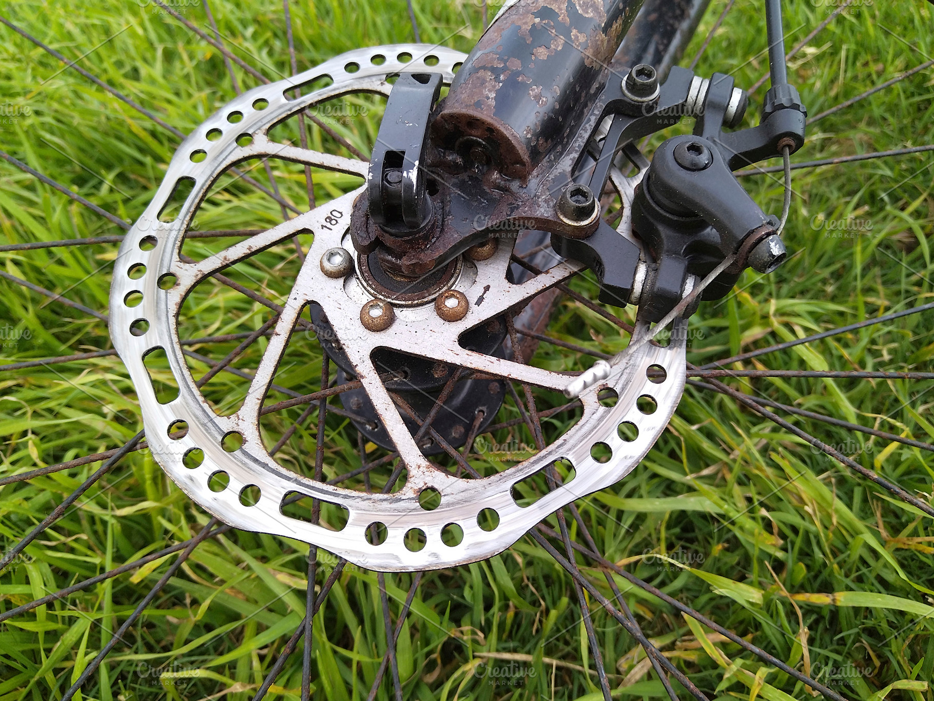 High angle close-up of a bicycles front wheel over grass, a Transportation Photo by DanFLCreativo