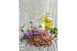 Flax seeds and flaxseed oil with, a Food & Drink Photo by Fascinadora