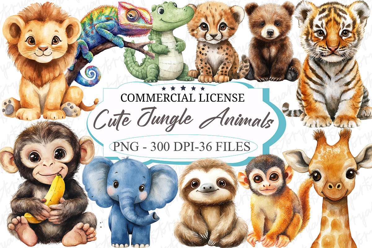 Cute Jungle Animals Watercolor Clipa, an Illustration by designcity5 (Photo 1 of 5)