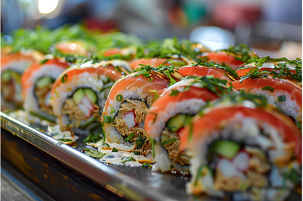Delicious sushi rolls topped with, a Food & Drink Photo by Ylivdesign