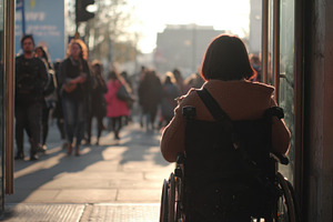 Woman in wheelchair in busy street, a Photo by Beautiful things