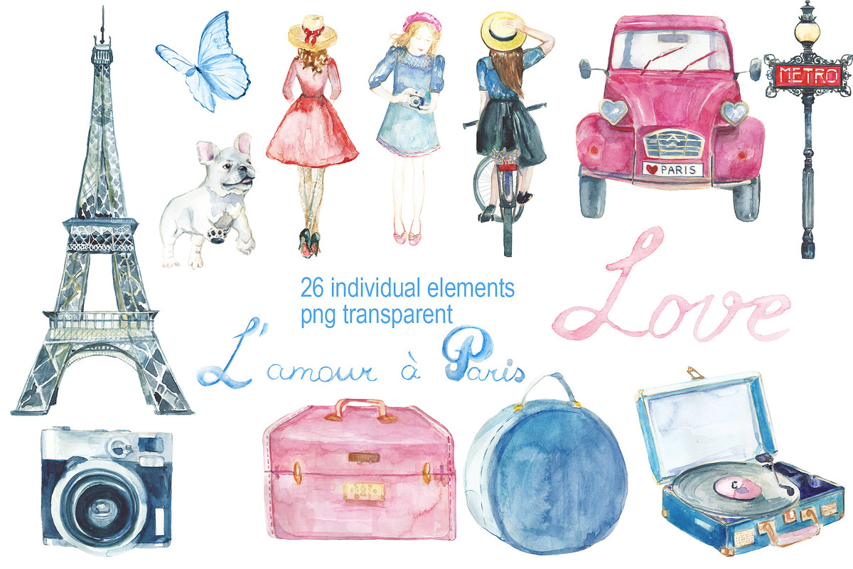 Bonjour, Paris! watercolor set, an Illustration by DollyPotterson, image size:1200x800