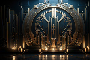 Art Deco Stage. A Futuristic, Ornate Wall With Intricate Gold And Black Designs