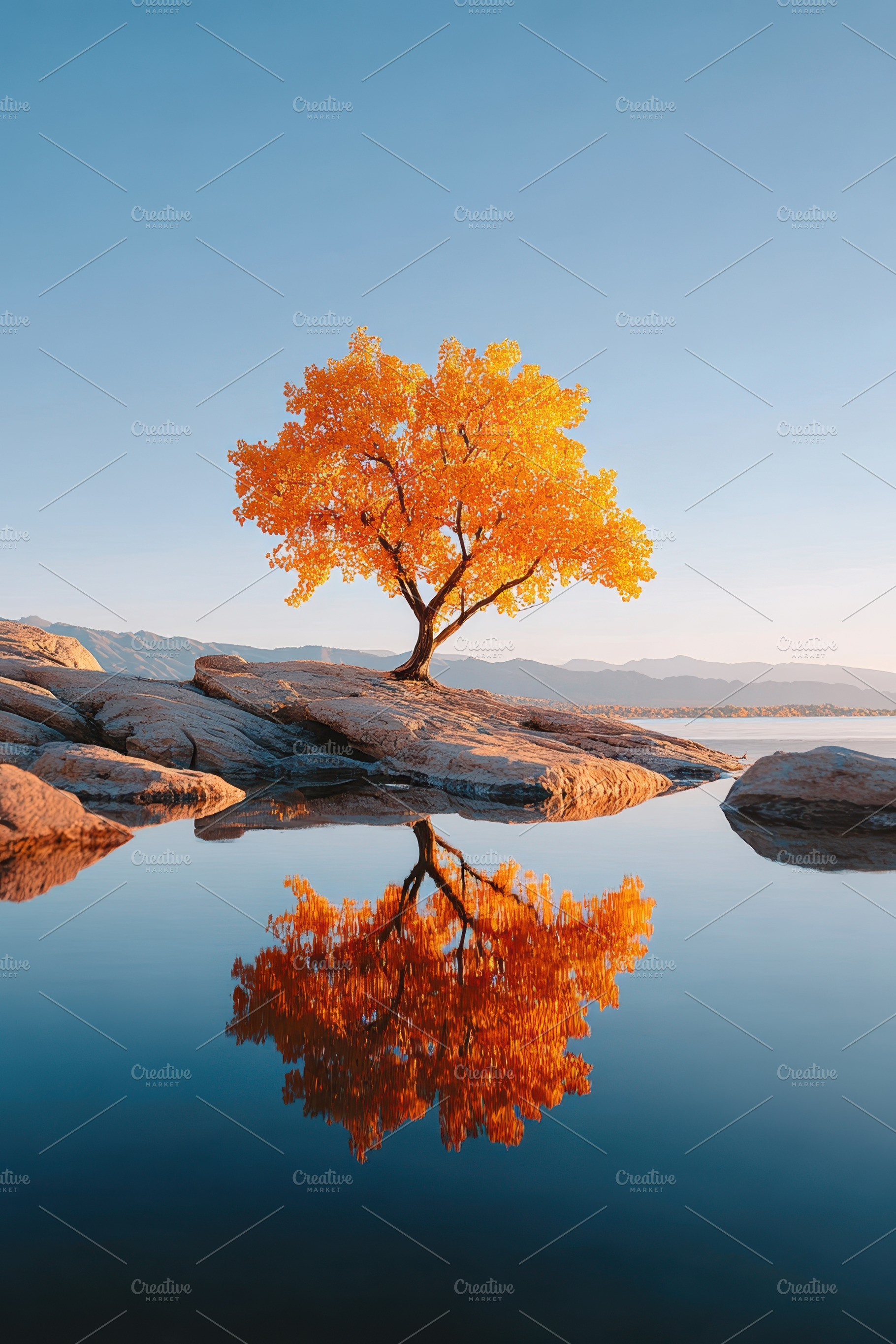 Autumn tree reflected in calm lake, a Nature Photo by AlyaAnd