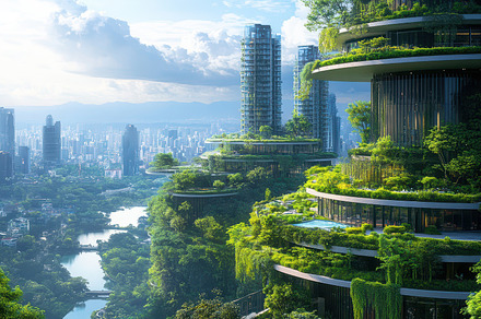 Eco-friendly skyscrapers green city, a Background Photo by Pixeness