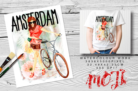 WATERCOLOR GIRL WITH BICYCLE
