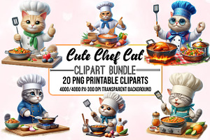 Watercolor Cute Chef Cat Clipart, an Animal Illustration by Craft Nest