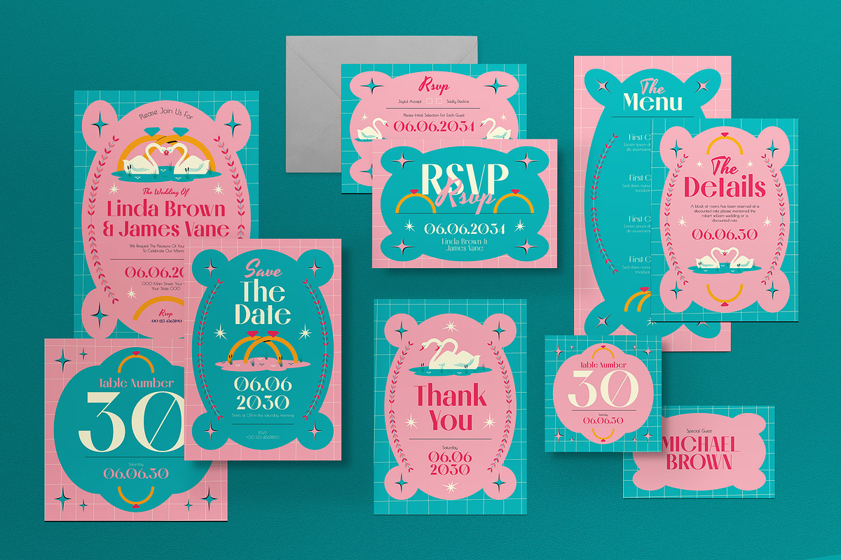 Pink Mid Century Wedding Invitation, a Card Template by graphicook (Photo 1 of 3)