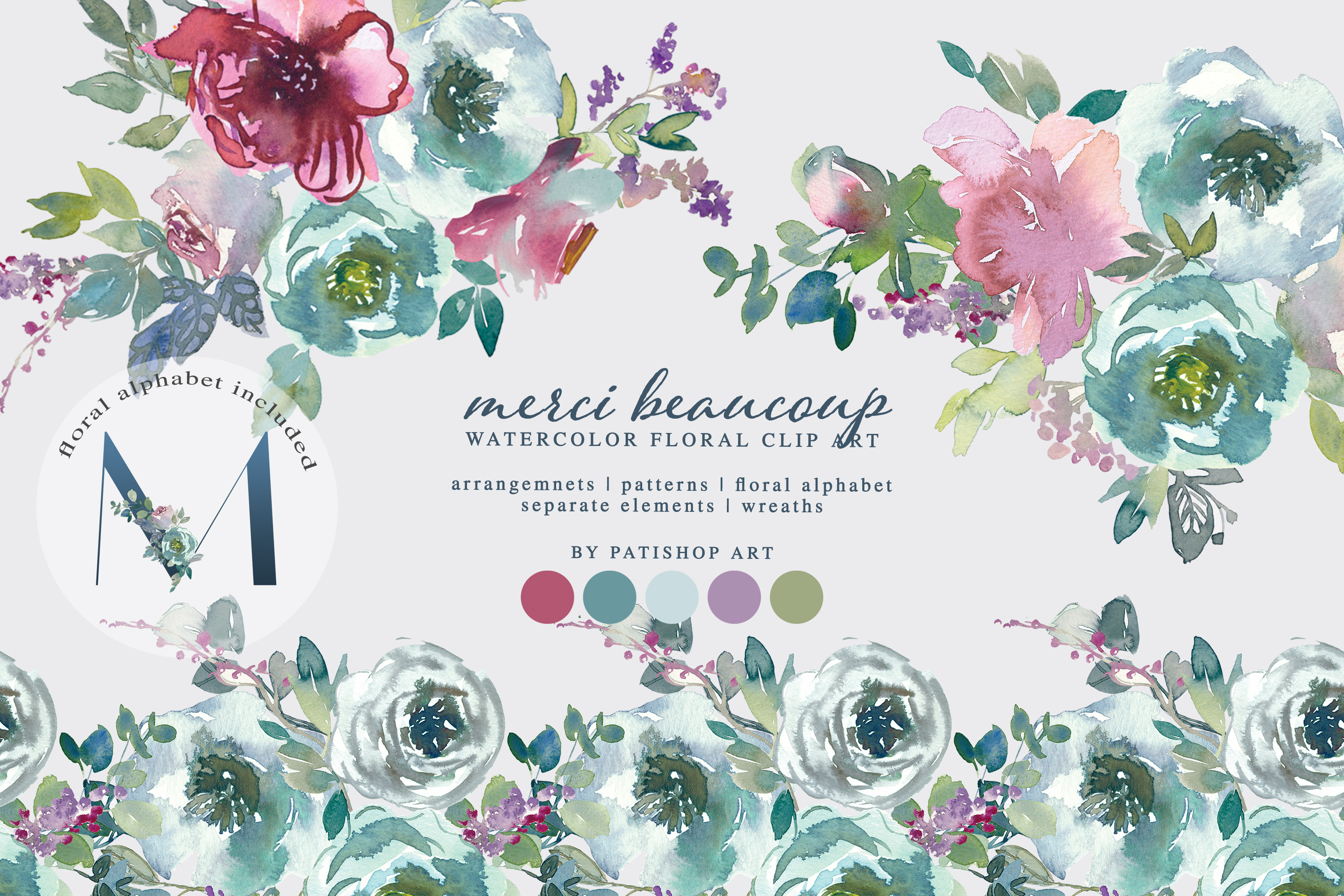 Mint & Mauve Watercolor Floral Set, a Decorative Illustration by ...