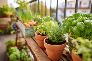 Urban garden on balcony features thriving herbs and fresh vegetables in vibrant, a Photo by AlyaAnd