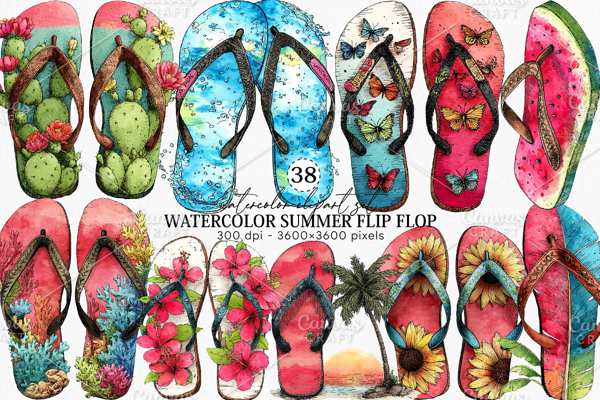 Watercolor Summer Flip Flop Clipart, an Illustration by Canvas Craft (Photo 1 of 7)