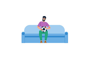 Man sitting on sofa holding soccer, a Sport Illustration by pikepicture